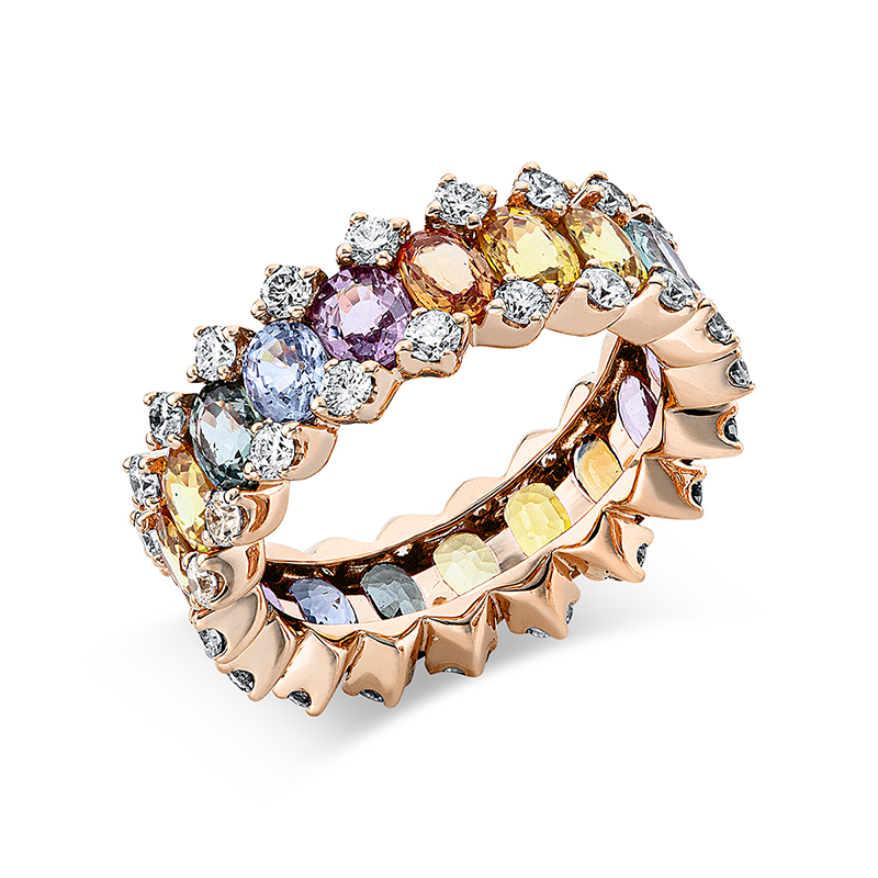 Image 90000119 - Ring 18 kt RG, 38 Brillanten 1,35 ct, TW-vsi/si, 19 Saphire 6,79 ct multicolor, B:4,9 mm, ...