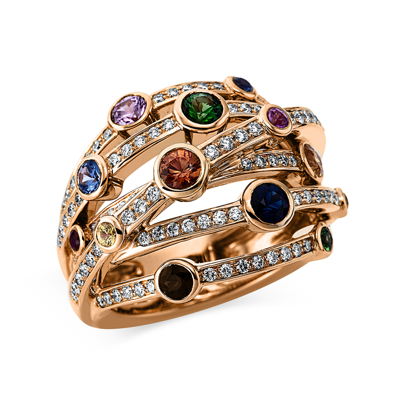 Image 90000127 - Ring 18 kt RG, 109 Brillanten 0,72 ct, TW-vsi, 2 Rubine 0,18 ct rot, 11 Saphire 1,21 ct ...