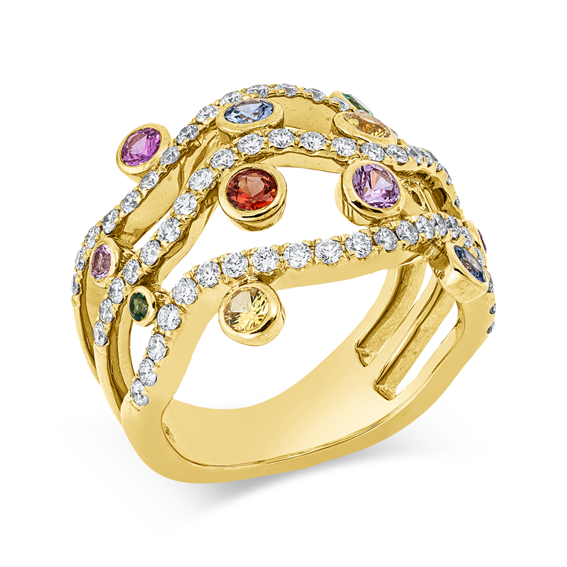 Image 90000129 - Ring 18 kt GG, 65 Brillanten 0,74 ct, TW-vsi, 12 Saphire 0,78 ct multicolor, B:17,1 mm, ...