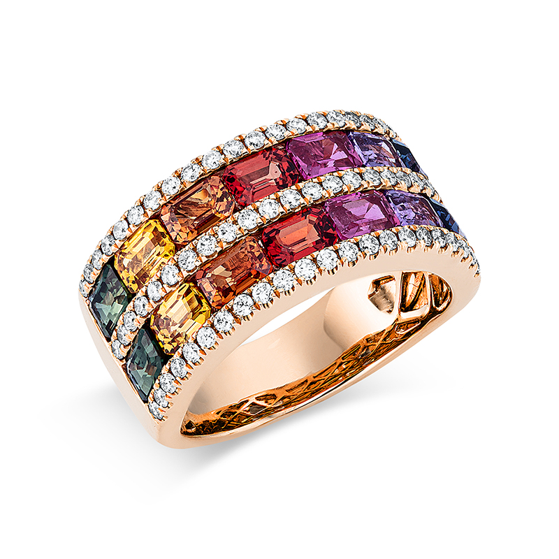 Image 90000131 - Ring 18 kt RG, 66 Brillanten 0,49 ct, TW-si, 14 Saphire 3,66 ct fancy, B:9,8 mm, ...
