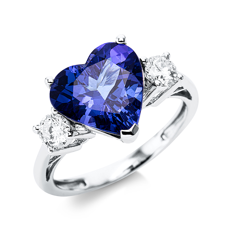 Image Ring 3er-Krappe 14 kt WG Herz, 2 Brillanten 0,49 ct, TW-si, 1 Tansanit 4,57 ct blau, ...