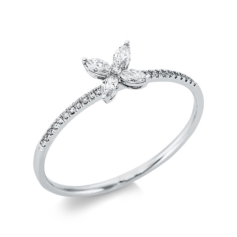 Image Ring 18 kt WG, 4 Navette 0,15 ct, TW-vsi/si, 21 Brillanten 0,10 ct, TW-vsi/si, Weite:53