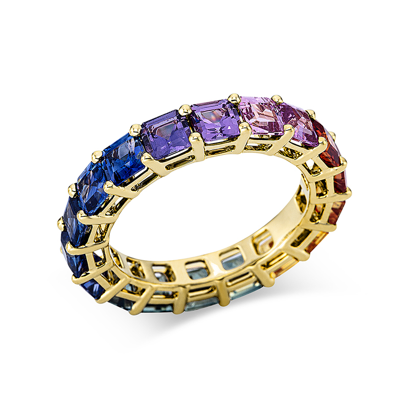 Image 90000294 - Ring 4er-Krappe 18 kt GG, 18 Saphire 6,25 ct fancy, B:4,2 mm, ...