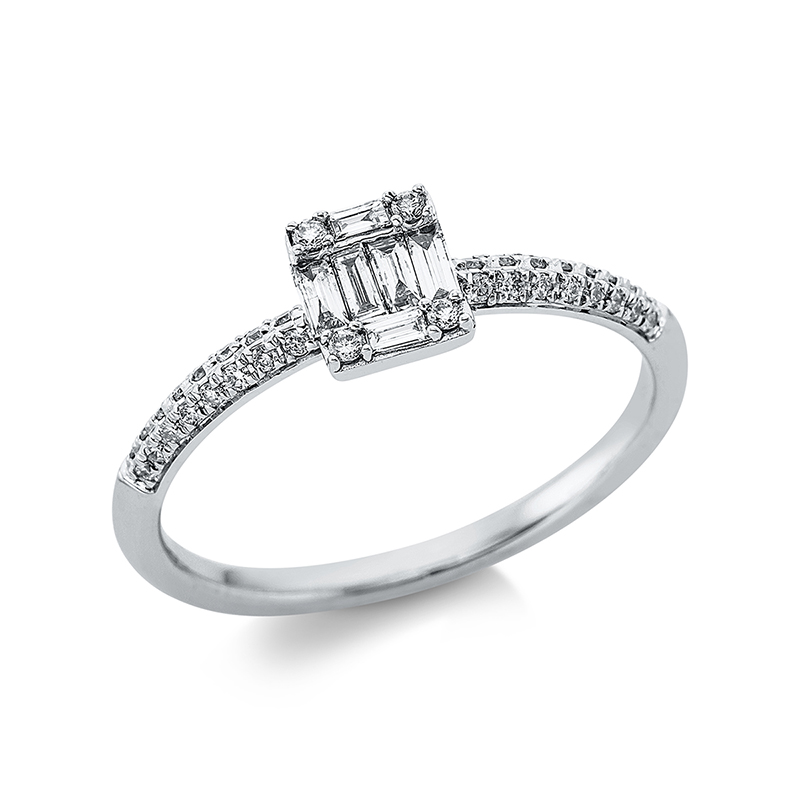 Image 90000307 - Ring 18 kt WG, 4 Baguette 0,09 ct, TW-vsi, 2 Baguette 0,03 ct, TW-vsi, 36 Brillanten 0,12 ...