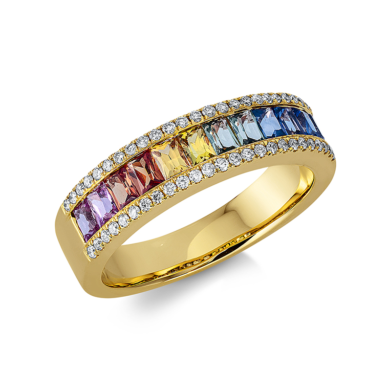 Image 90000341 - Ring 18 kt GG, 50 Brillanten 0,19 ct, TW-si, 12 Saphire 1,28 ct fancy, B:5,1 mm, ...