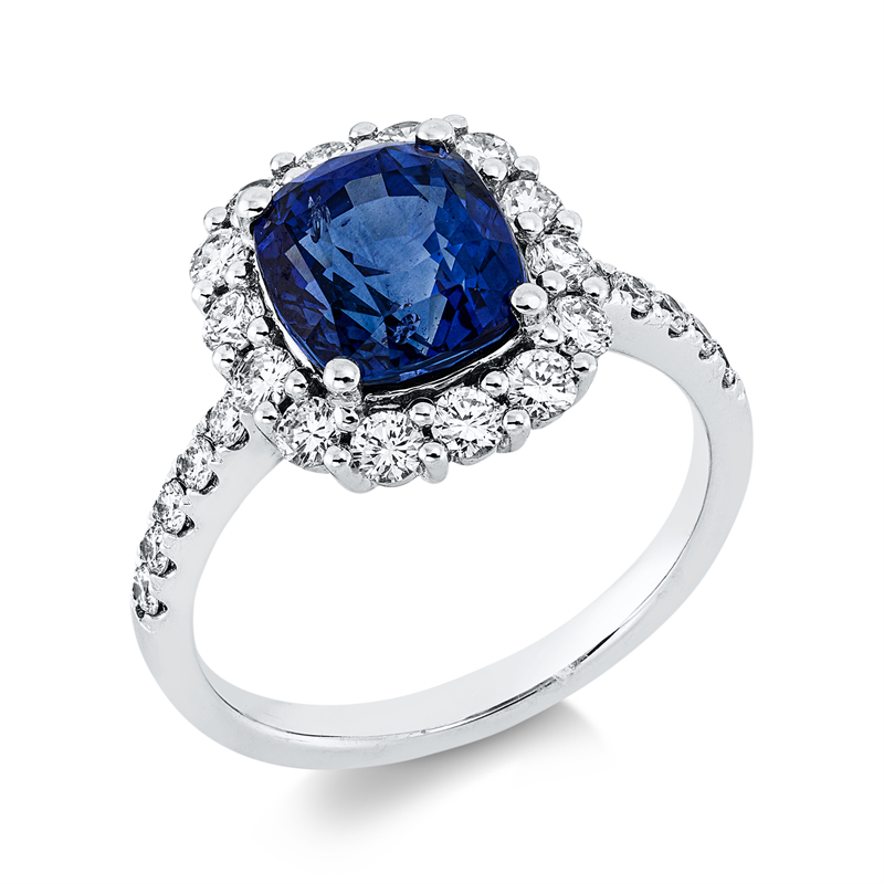 Image 90000403 - Ring 4er-Krappe 18 kt WG, 24 Brillanten 0,74 ct, TW-si, 1 Saphir 3,77 ct blau, ...