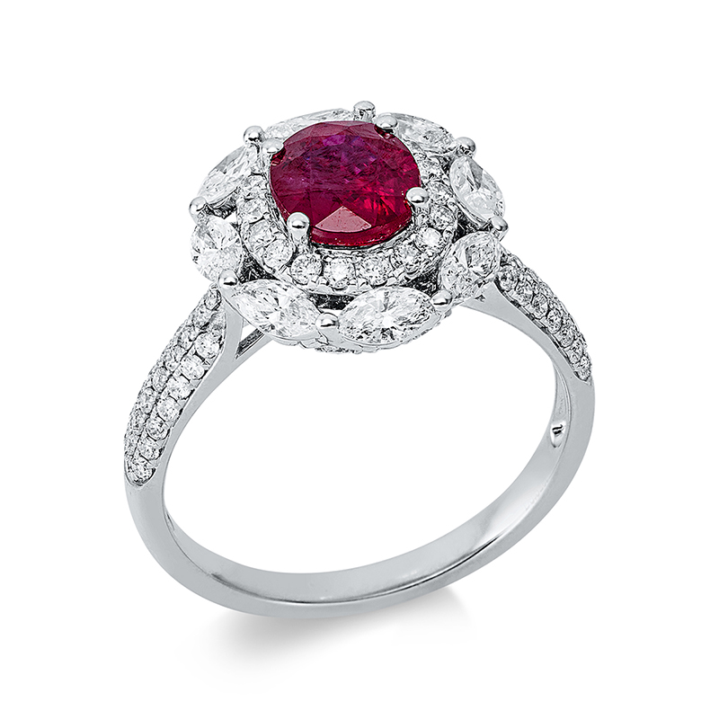 Image 90000405 - Ring 4er-Krappe 18 kt WG, 8 Navette 0,60 ct, TW-si, 80 Brillanten 0,52 ct, TW-si, 1 Rubin ...