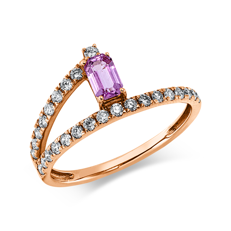Image 90000410 - Ring 18 kt RG, 26 Brillanten 0,32 ct, W-pi, 1 Saphir 0,39 ct pink, ...