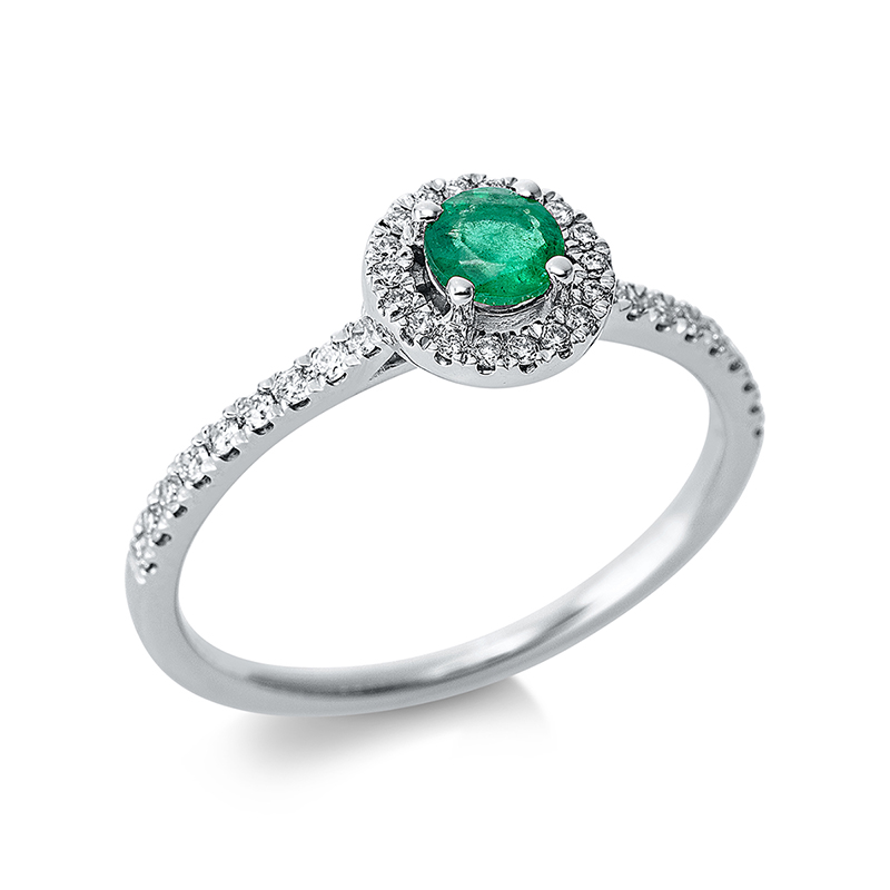 Image 90000440 - Ring 4er-Krappe 18 kt WG, 36 Brillanten 0,20 ct, TW-si, 1 Smaragd 0,26 ct grün, Ø:7,3 ...
