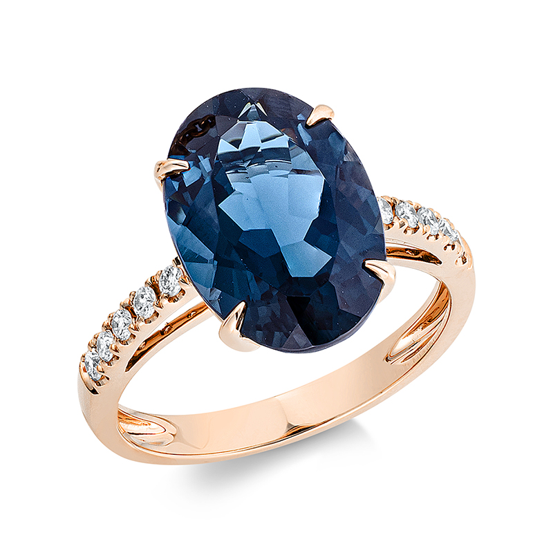 Image 90000467 - Ring 4er-Krappe 18 kt RG, 10 Brillanten 0,20 ct, TW-si, 1 Topas 7,20 ct Lond. blue, ...
