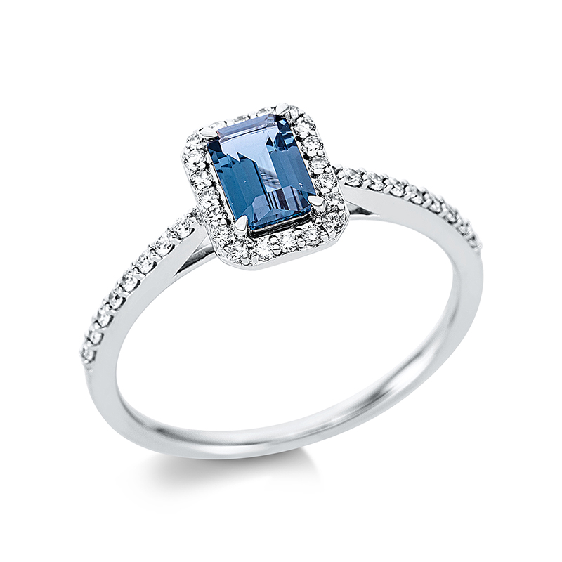 Image 90000984 - Ring 4er-Krappe 18 kt WG, 36 Brillanten 0,19 ct, TW-si, 1 Topas 0,60 ct Lond. blue, H:6,5 ...