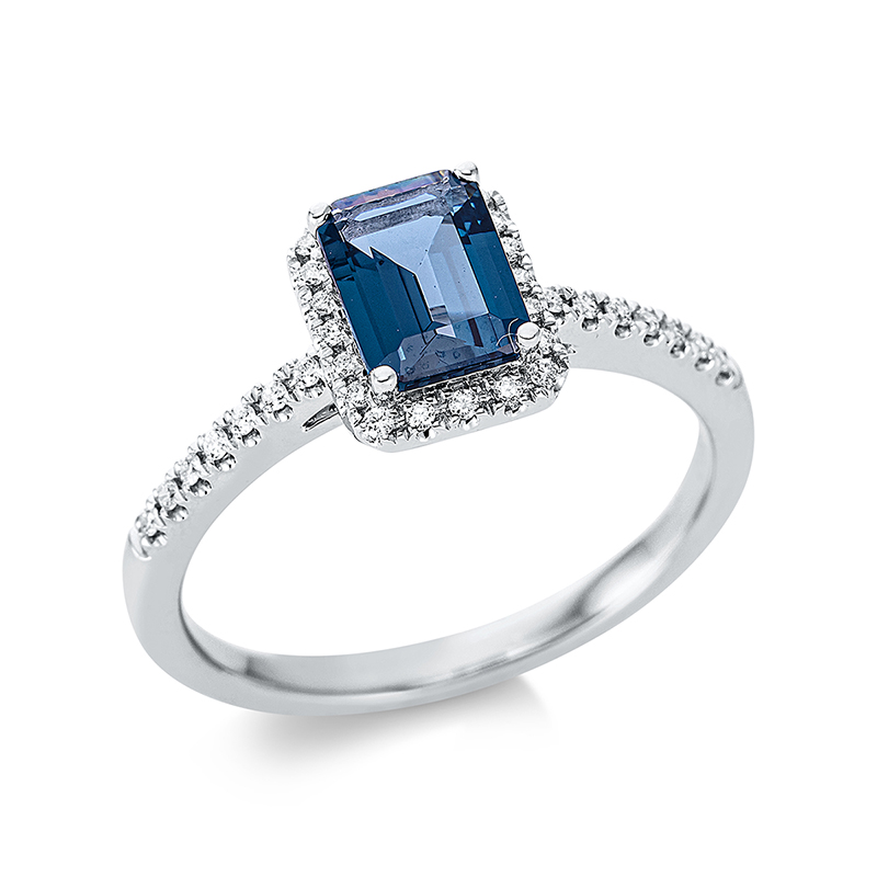 Image 90000991 - Ring 4er-Krappe 18 kt WG, 34 Brillanten 0,11 ct, TW-si, 1 Topas 1,08 ct Lond. blue, H:7,0 ...