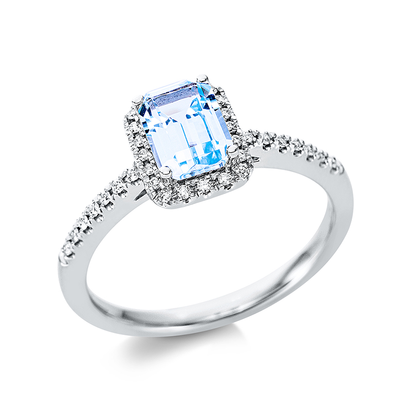 Image 90000994 - Ring 4er-Krappe 18 kt WG, 34 Brillanten 0,11 ct, TW-si, 1 Topas 1,24 ct sky blue, H:7,0 ...