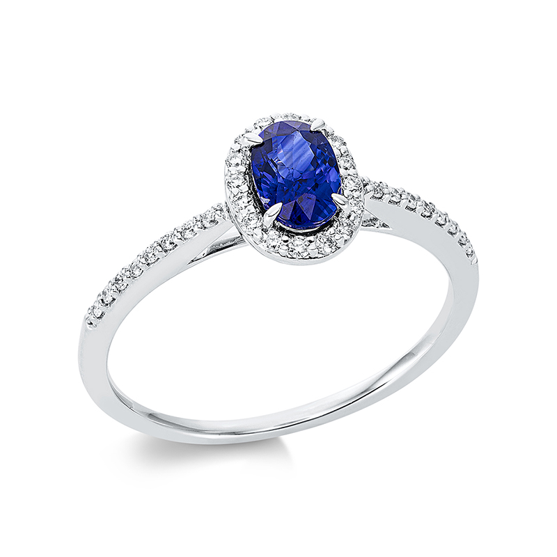 Image 90001000 - Ring 4er-Krappe 18 kt WG, 32 Brillanten 0,14 ct, TW-si, 1 Saphir 0,57 ct blau, H:6,2 mm, ...