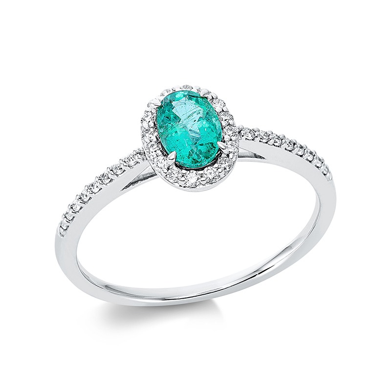 Image 90001003 - Ring 4er-Krappe 18 kt WG, 32 Brillanten 0,14 ct, TW-si, 1 Smaragd 0,46 ct grün, H:6,2 ...