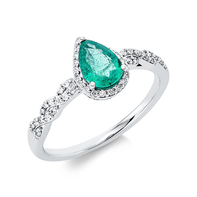 Image 90001007 - Ring 3er-Krappe 18 kt WG Tropfen, 49 Brillanten 0,17 ct, TW-si, 1 Smaragd 0,70 ct grün, ...