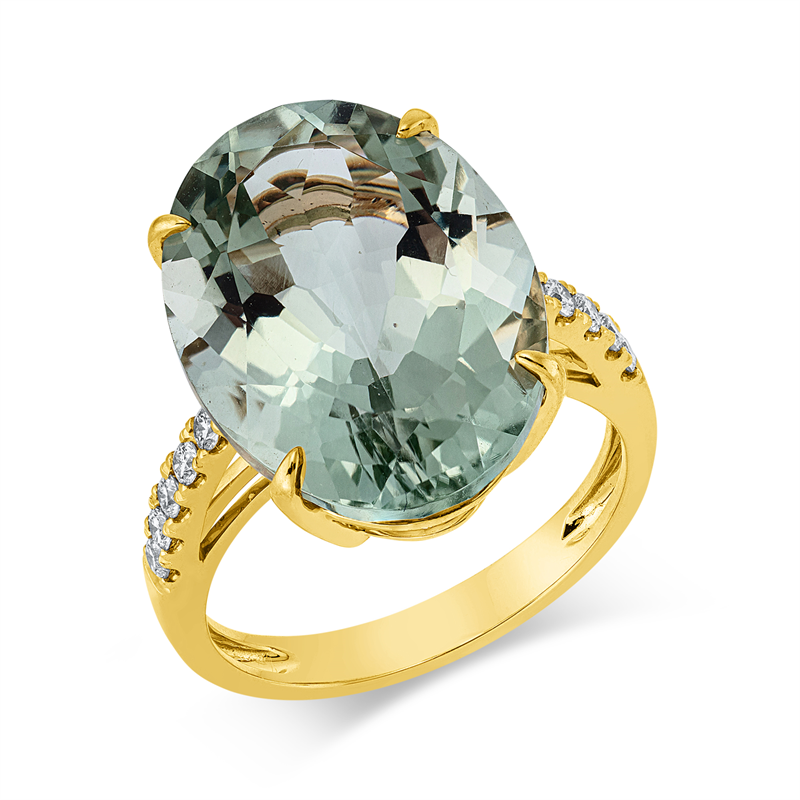 Image 90001015 - Ring 4er-Krappe 18 kt GG, 10 Brillanten 0,20 ct, TW-si, 1 Amethyst 12,10 ct grün, H:13,0 ...