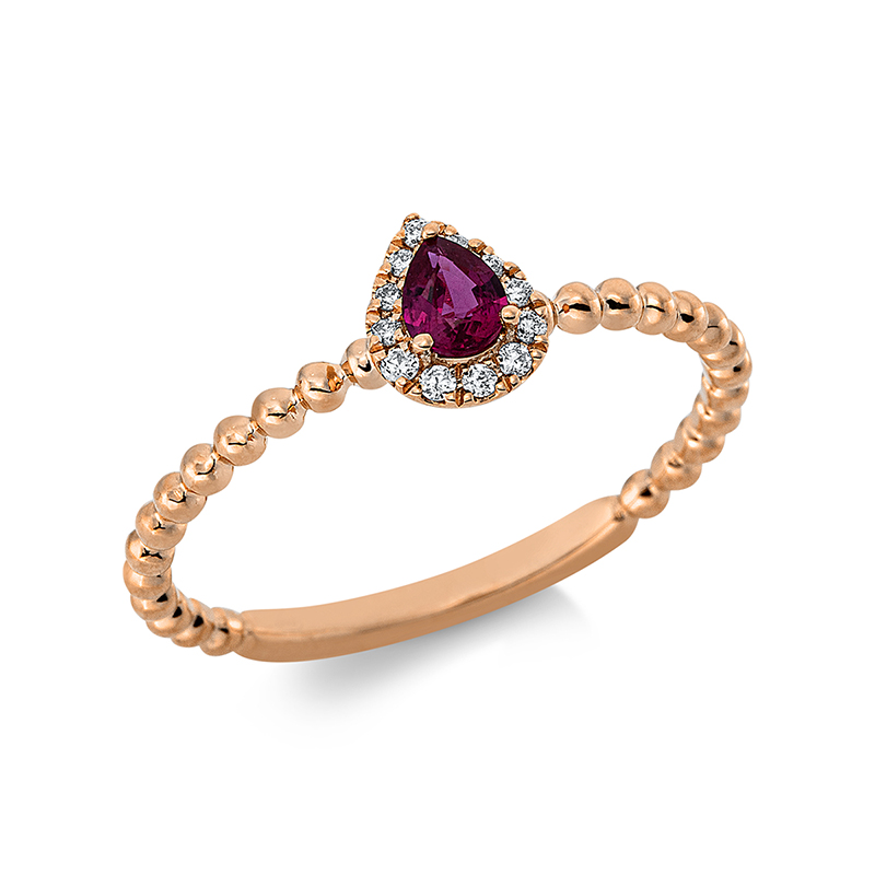 Image Ring 18 kt RG, 12 Brillanten 0,05 ct, TW-pi, 1 Rubin 0,18 ct rot, H:5,2 mm, B:6,6 mm, ...