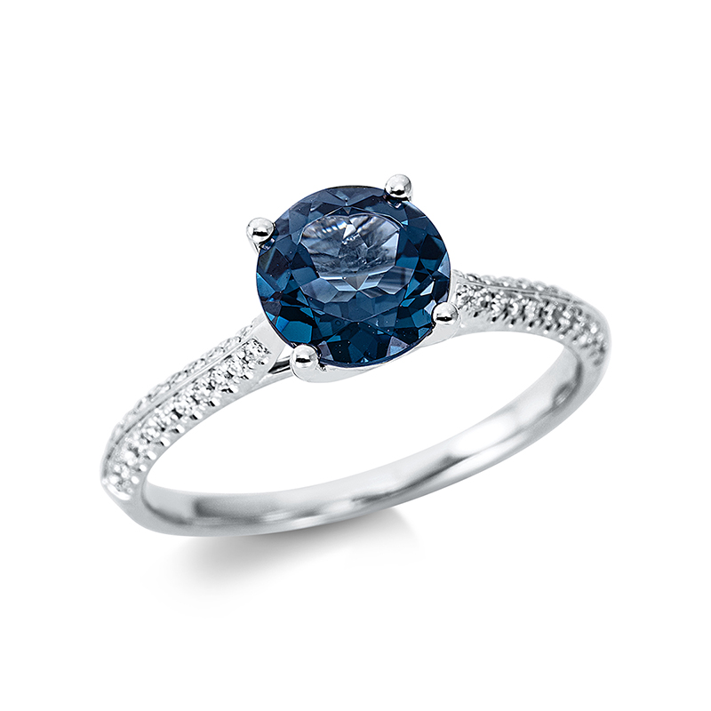 Image Ring 4er-Krappe 18 kt WG, 44 Brillanten 0,15 ct, TW-si, 1 Topas 1,62 ct Lond. blue, ...
