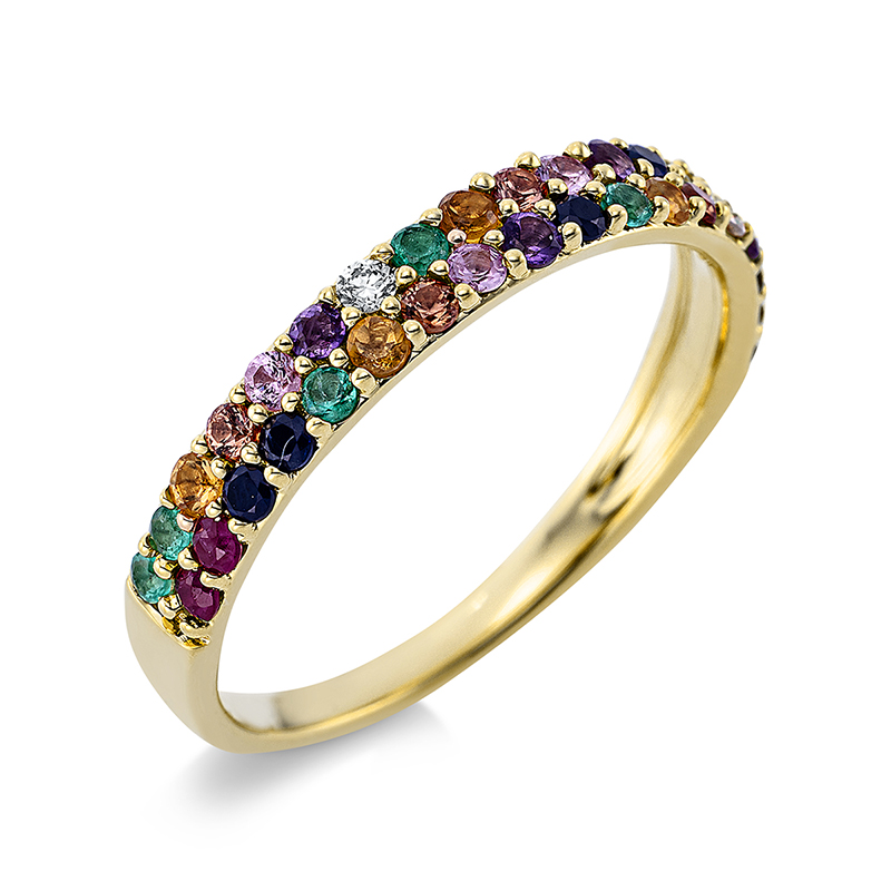 Image Ring 18 kt GG, 2 Brillanten 0,04 ct, TW-si, 34 Farbsteine 0,55 ct fancy, B:3,1 mm, ...