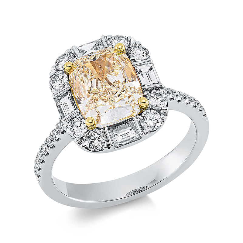 Image 90001095 - Ring 4er-Krappe 18 kt WG GG, GIA 1528134674, 1 Cushion 3,01 ct, gelb-si1, 4 Baguette 0,30 ...