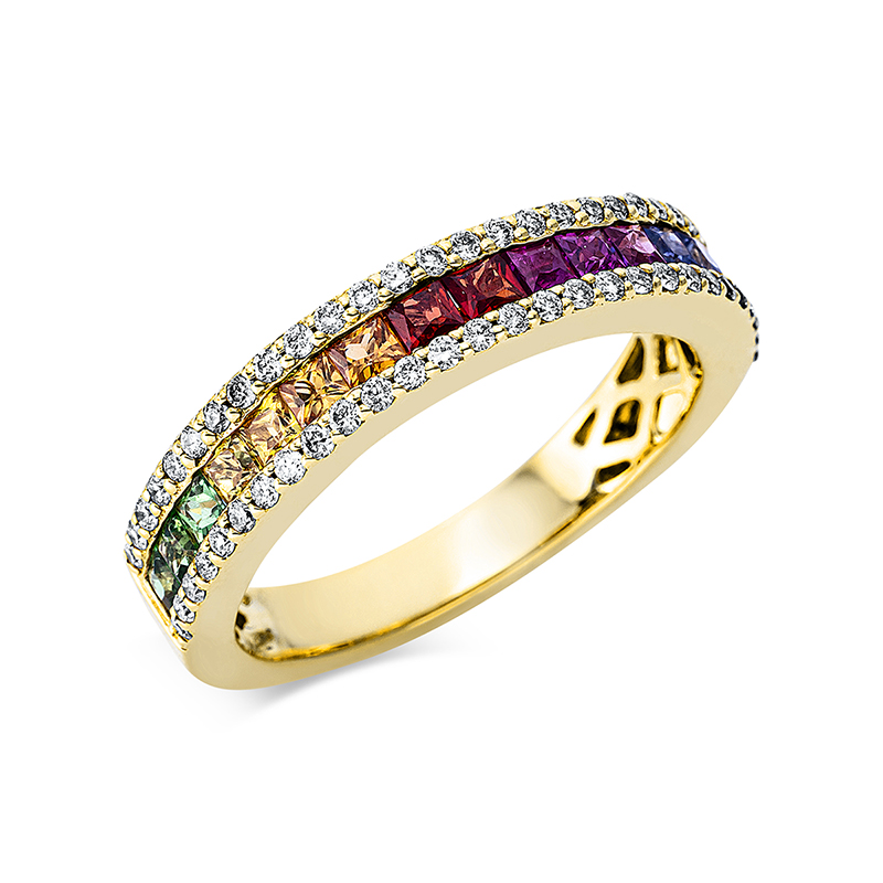 Image 90001114 - Ring 18 kt GG, 56 Brillanten 0,30 ct, W-si, 17 Saphire 0,85 ct fancy, B:4,0 mm, ...