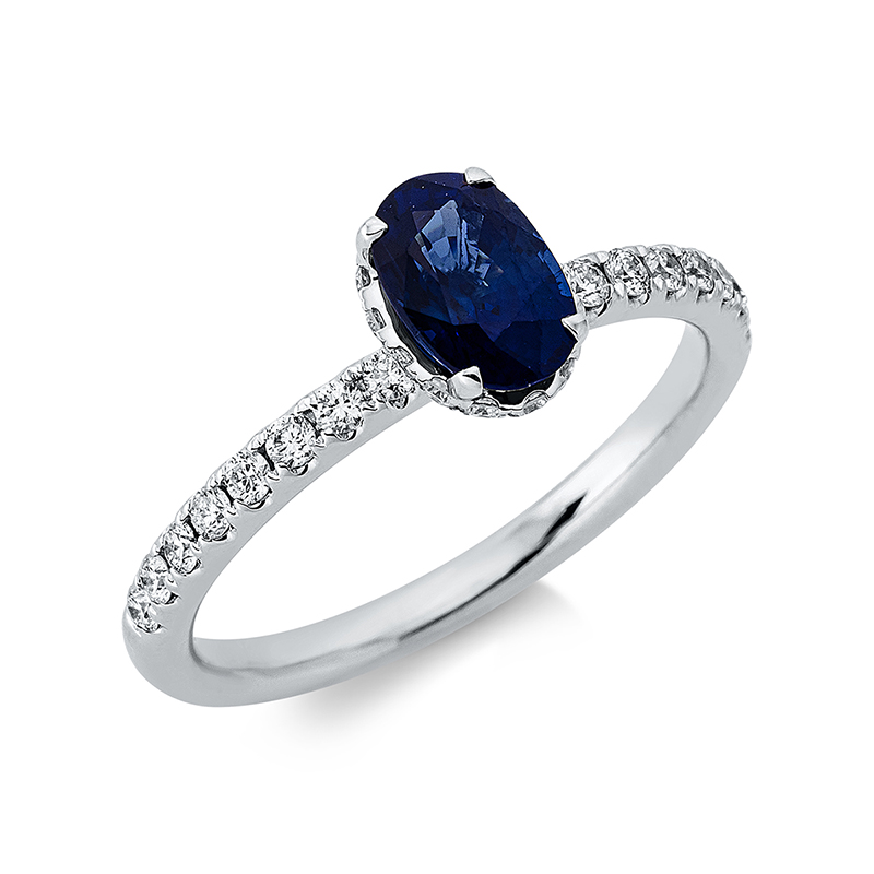 Image 90001162 - Ring 4er-Krappe 18 kt WG, 30 Brillanten 0,33 ct, TW-si, 1 Saphir 1,03 ct blau, ...
