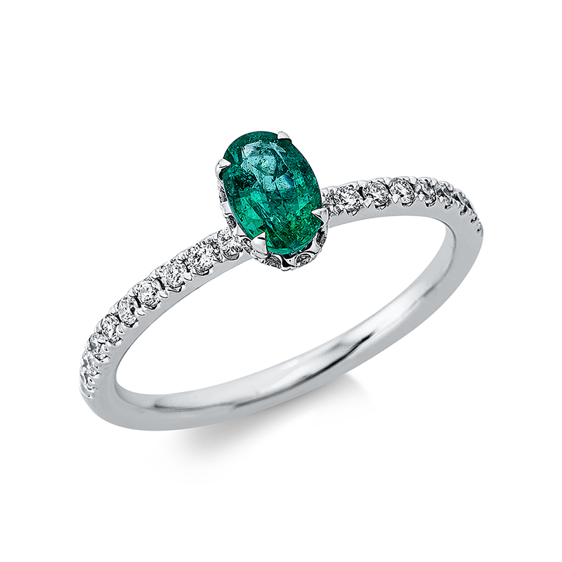 Image 90001163 - Ring 4er-Krappe 18 kt WG, 30 Brillanten 0,25 ct, TW-si, 1 Smaragd 0,45 ct grün, ...