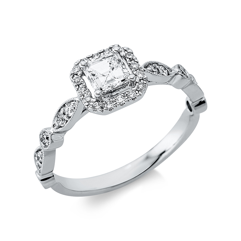 Image 90001164 - Ring 18 kt WG, 1 Assher 0,35 ct, TW-si, 28 Brillanten 0,24 ct, TW-si, ...