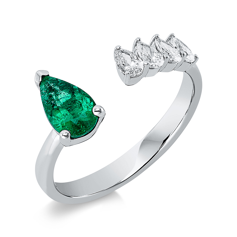 Image 90001185 - Ring 3er-Krappe 18 kt WG, 4 Tropfen 0,34 ct, TW-si, 1 Smaragd 0,57 ct grün, ...