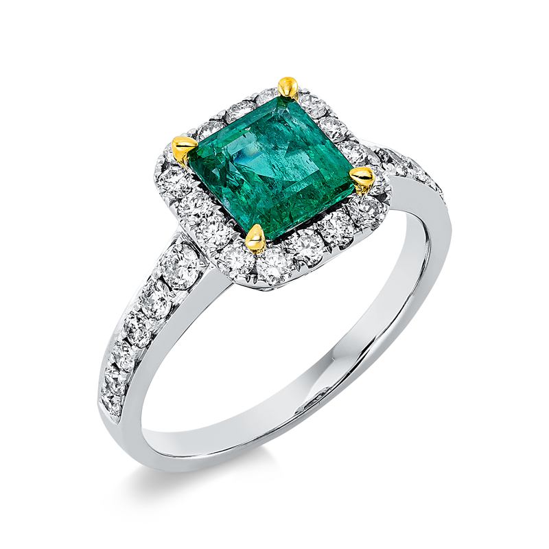 Image 90001186 - Ring 18 kt WG GG, 28 Brillanten 0,68 ct, TW-si, 1 Smaragd 1,38 ct grün, ...