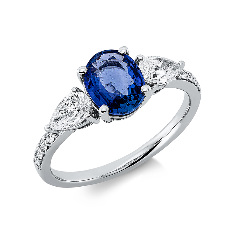 Image 90001209 - Ring 18 kt WG, 2 Tropfen 0,55 ct, TW-si, 8 Brillanten 0,10 ct, TW-pi, 1 Saphir 1,42 ct ...