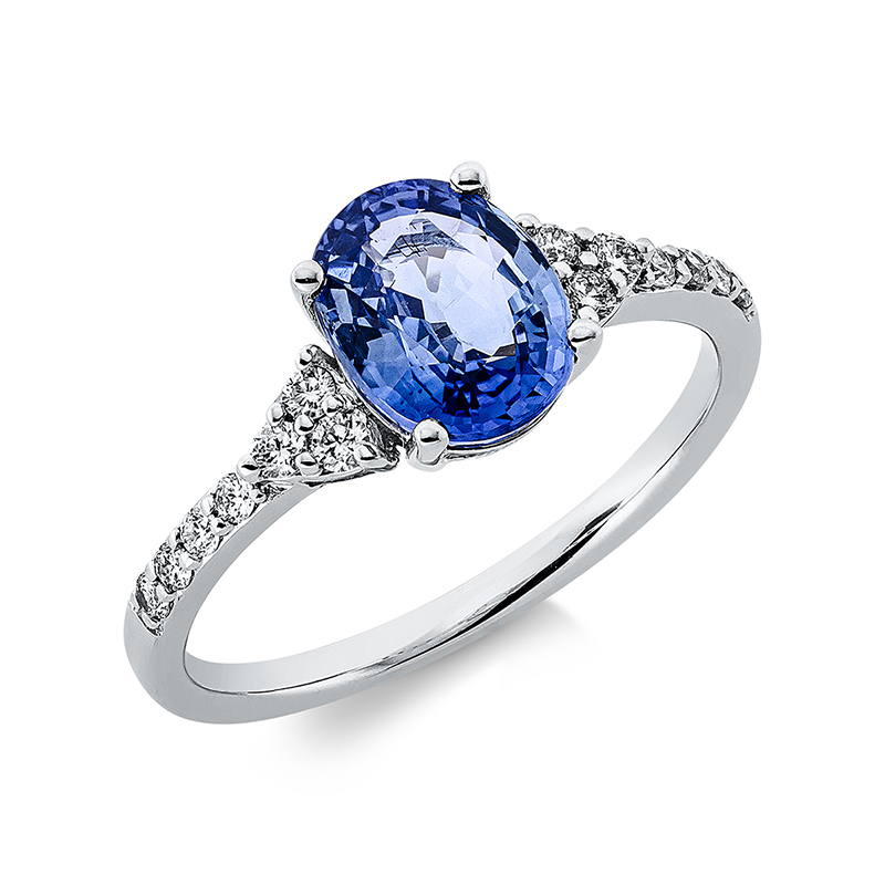 Image 90001210 - Ring 18 kt WG, 14 Brillanten 0,18 ct, TW-pi, 1 Saphir 1,69 ct blau, ...