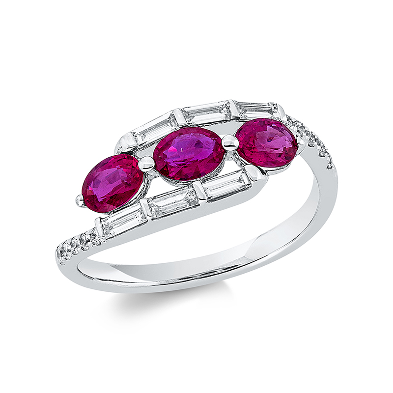 Image 90001215 - Ring 18 kt WG, 6 Baguette 0,28 ct, TW-si, 10 Brillanten 0,09 ct, TW-si, 3 Rubine 1,07 ct ...