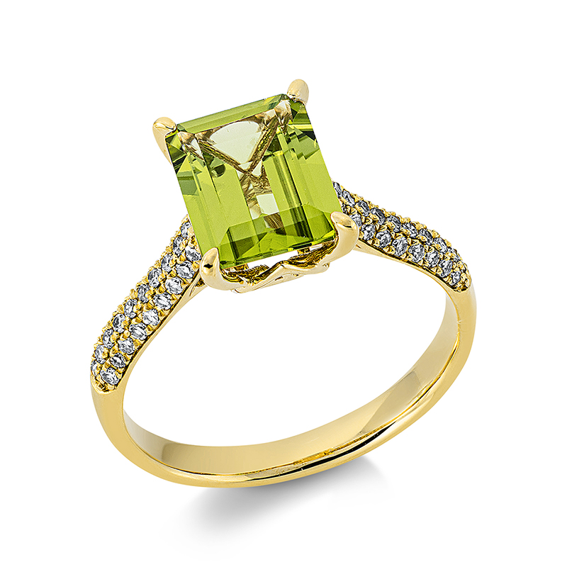 Image 90001228 - Ring 4er-Krappe 18 kt GG, 56 Diamanten 0,21 ct, TW-si, 1 Peridot 2,33 ct grün, H:9,0 mm, ...