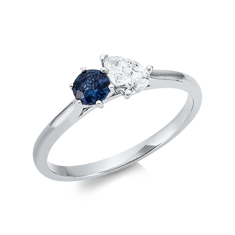 Image 90001229 - Ring 18 kt WG, 1 Tropfen 0,28 ct, TW-si, 1 Saphir 0,29 ct blau, ...