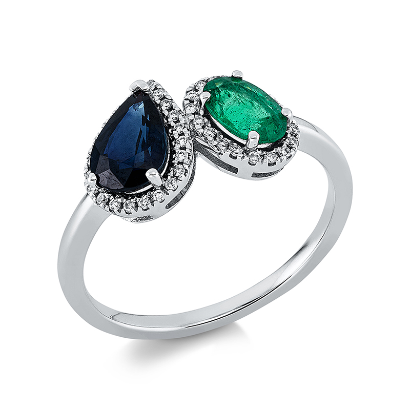 Image 90001259 - Ring 18 kt WG, 40 Brillanten 0,09 ct, TW-pi, 1 Smaragd 0,40 ct grün, 1 Saphir 0,95 ct ...