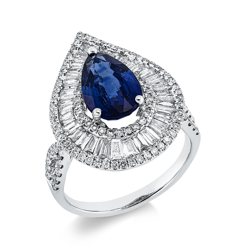Image 90001273 - Ring 18 kt WG, 35 Trapeze 0,75 ct, TW-vsi/si, 120 Brillanten 0,67 ct, TW-vsi/si, 1 Saphir ...