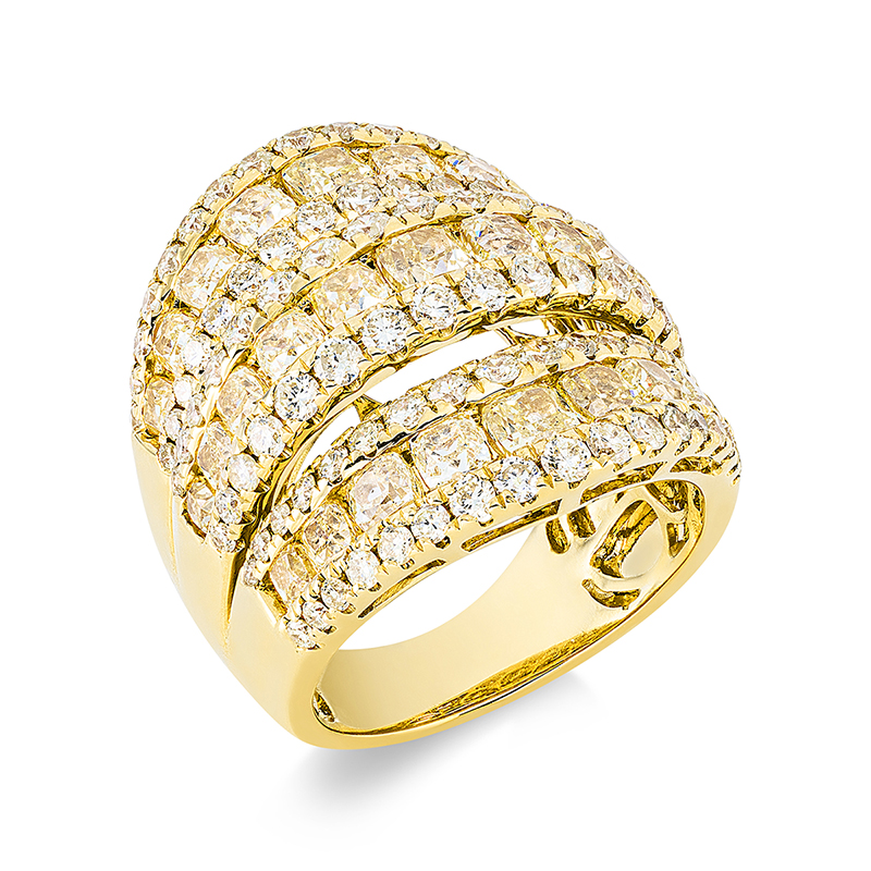 Image 90001280 - Ring 18 kt GG, 100 Brillanten 2,03 ct, TW-si, 29 Cushion 4,36 ct, gelb, B:24,8 mm, ...