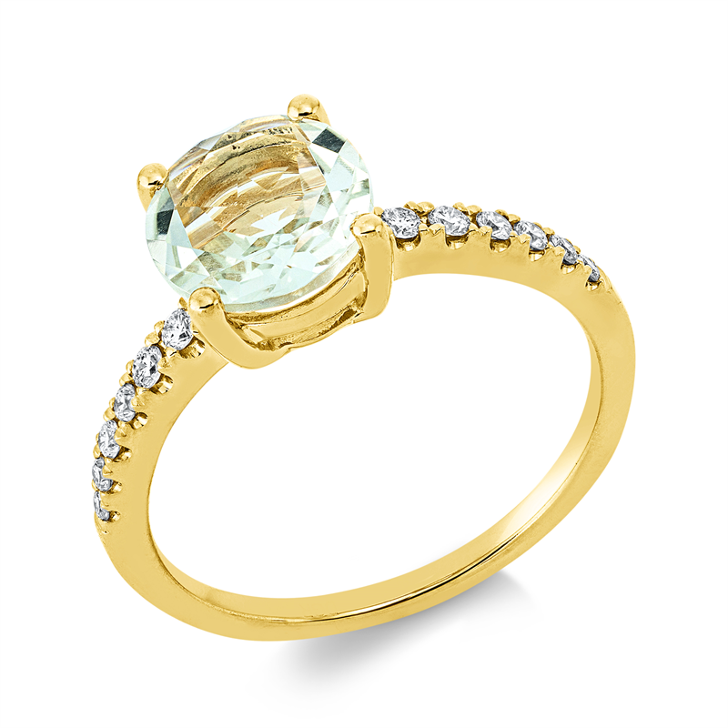 Image 90001285 - Ring 18 kt GG, 12 Brillanten 0,19 ct, TW-si, 1 Amethyst 1,54 ct grün, H:8,1 mm, B:8,1 ...