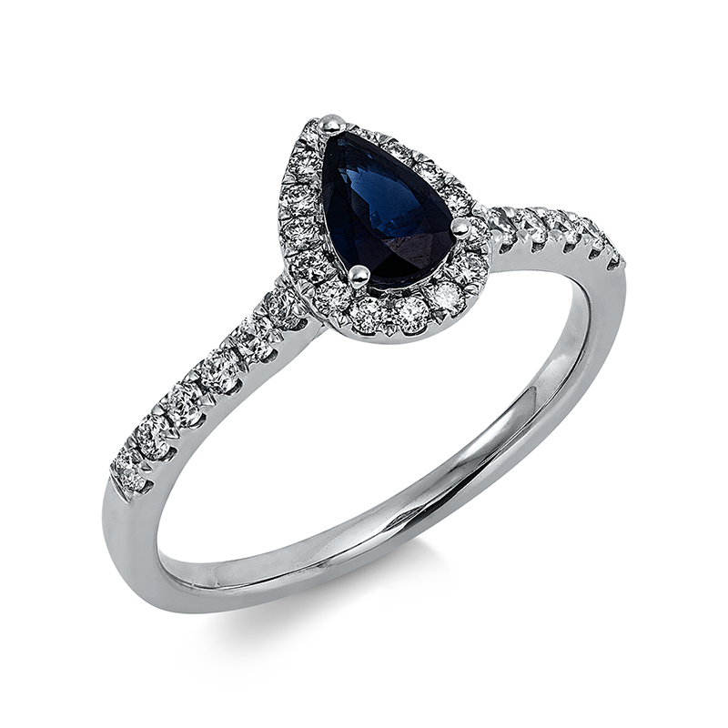 Image 90001292 - Ring 18 kt WG, 27 Brillanten 0,30 ct, TW-si, 1 Saphir 0,49 ct blau, ...
