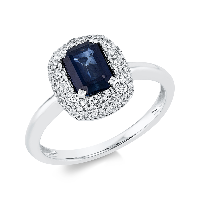 Image 90001305 - Ring 18 kt WG, 36 Brillanten 0,55 ct, TW-si, 1 Saphir 1,00 ct blau, ...