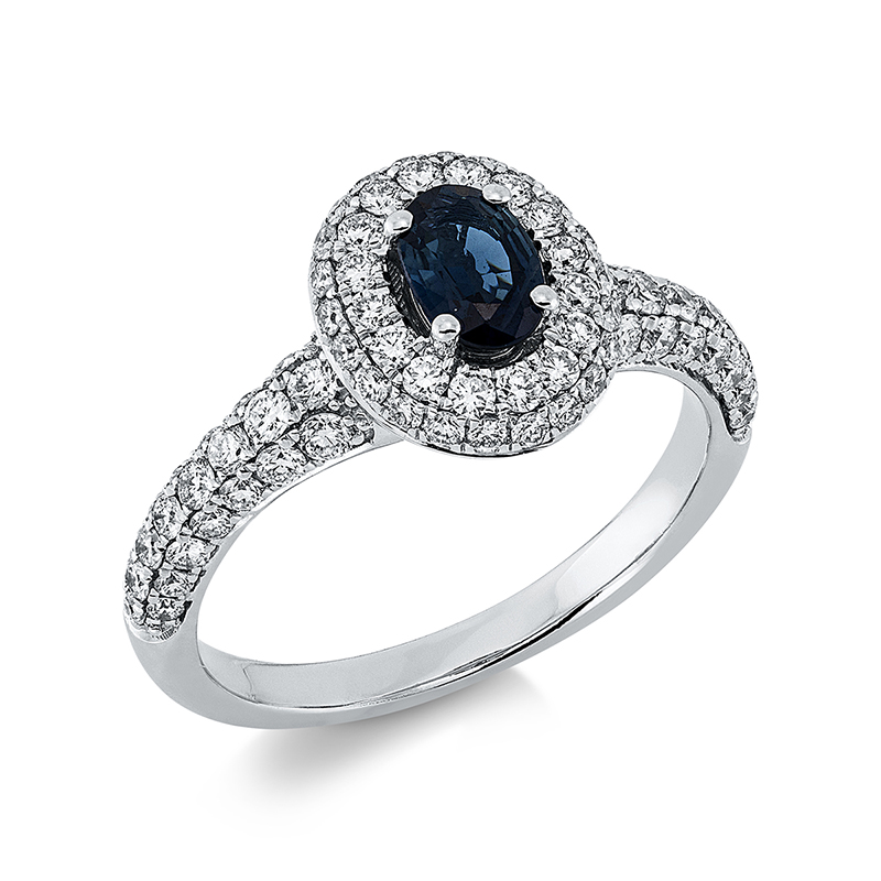 Image 90001338 - Ring 18 kt WG, 82 Brillanten 0,88 ct, TW-si, 1 Saphir 0,59 ct blau, ...
