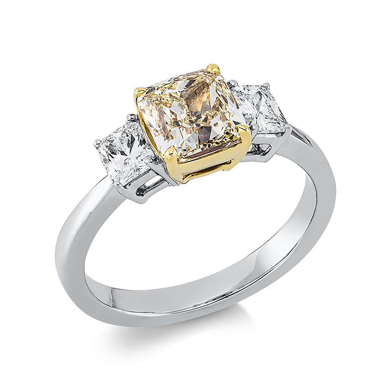 Image 90001347 - Ring 4er-Krappe 18 kt WG GG, GIA 6441550477, 1 Cushion 1,72 ct, gelb-vvs, 2 Radiant 0,54 ...
