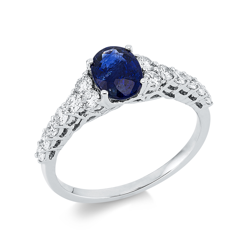 Image 90001351 - Ring 18 kt WG, 14 Brillanten 0,48 ct, TW-si, 1 Saphir 0,92 ct blau, ...