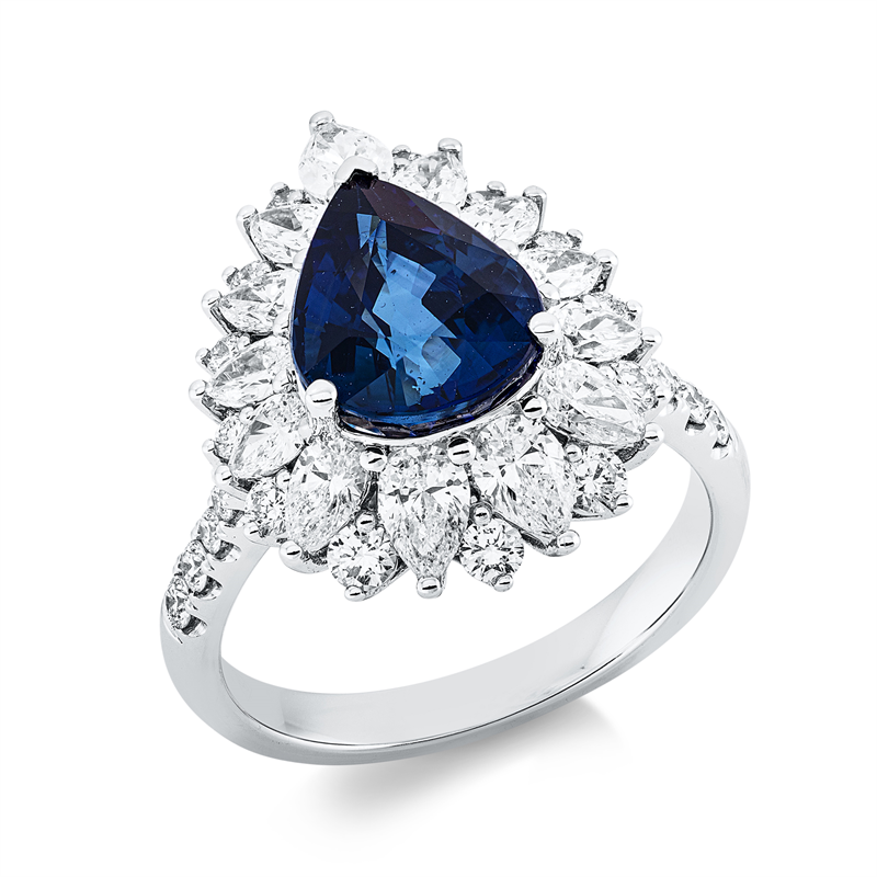 Image 90001353 - Ring 18 kt WG, 13 Tropfen 1,42 ct, TW-si, 23 Brillanten 0,48 ct, TW-si, 1 Saphir 4,09 ct ...