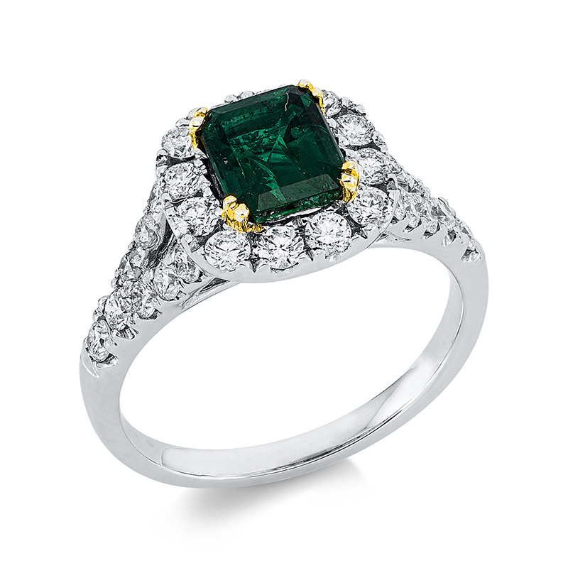 Image 90001355 - Ring 18 kt WG GG, 28 Brillanten 0,81 ct, W-pi, 1 Smaragd 1,13 ct grün, ...