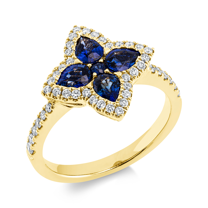 Image 90001433 - Ring 18 kt GG, 44 Brillanten 0,34 ct, TW-si, 4 Saphire 1,13 ct blau, 1 Saphir 0,04 ct ...