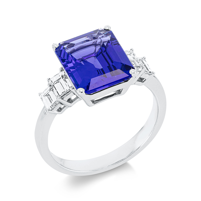 Image 90001450 - Ring 18 kt WG, 4 Baguette 0,59 ct, TW-si, 1 Tansanit 4,93 ct blau, ...