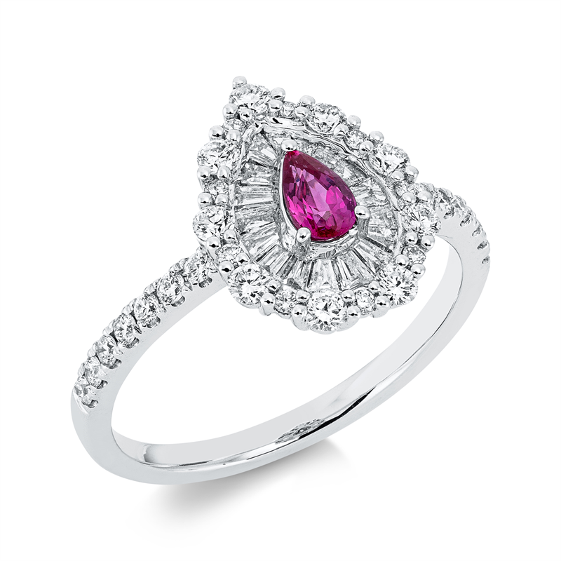Image 90001478 - Ring 18 kt WG, 17 Trapeze 0,22 ct, TW-si, 32 Brillanten 0,43 ct, TW-si, 1 Rubin 0,25 ct ...